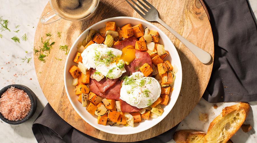 Turkey Bacon and Eggs with Sweet Potato and Fennel Hash